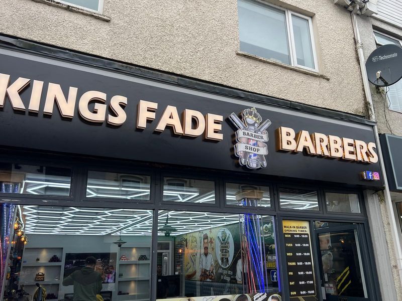 Illuminated fascia and window graphics for Kings Fade Barbers